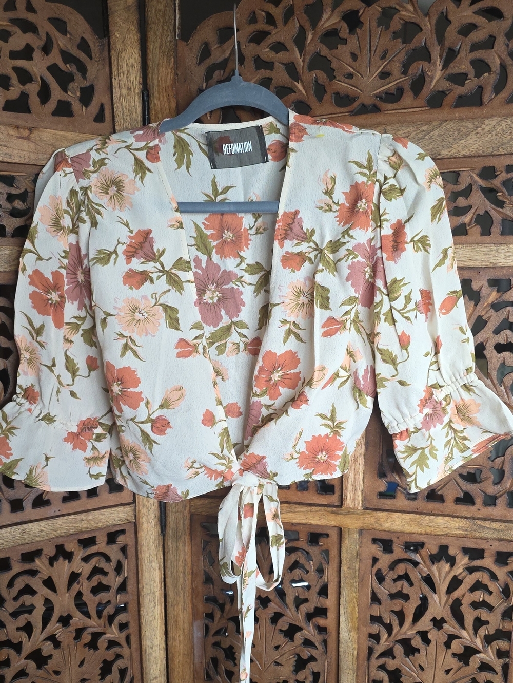 Reformation Cream Floral Tie-Front Crop Top with Peach Blooms